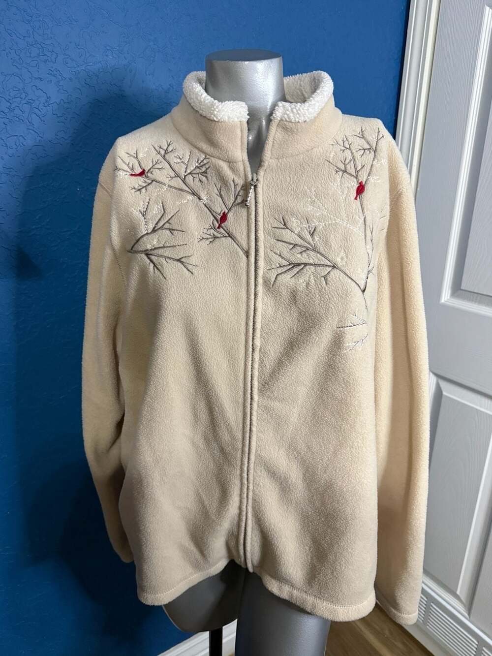 Croft & Barrow Embroidered Cardinal Fleece Full Zip Jacket Ivory Size XXL